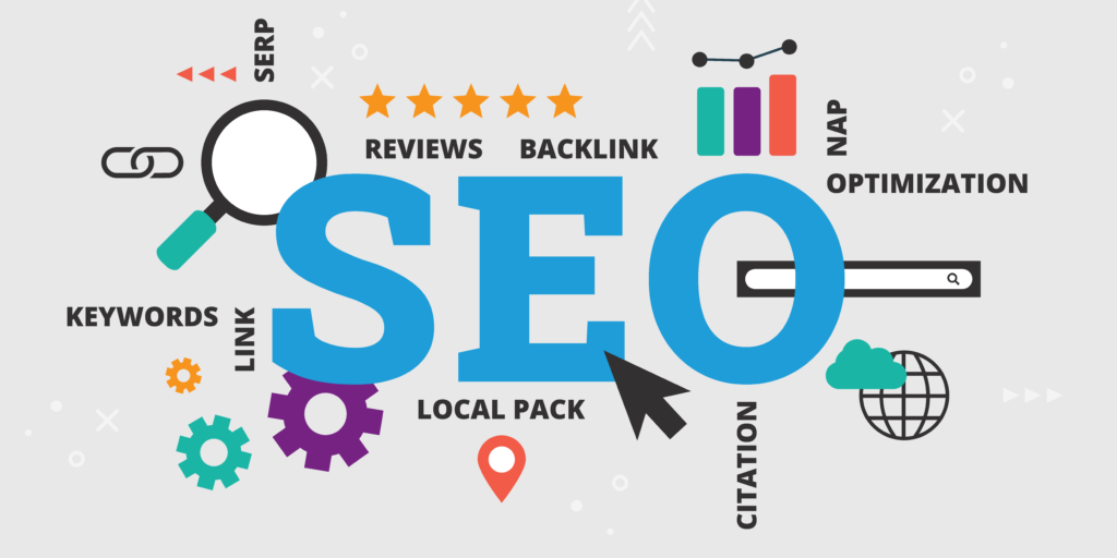 SEO Optimization ; Show up when it matters the most SEO concept graphic showing keywords, backlinks, reviews, local pack, and search optimization icons.